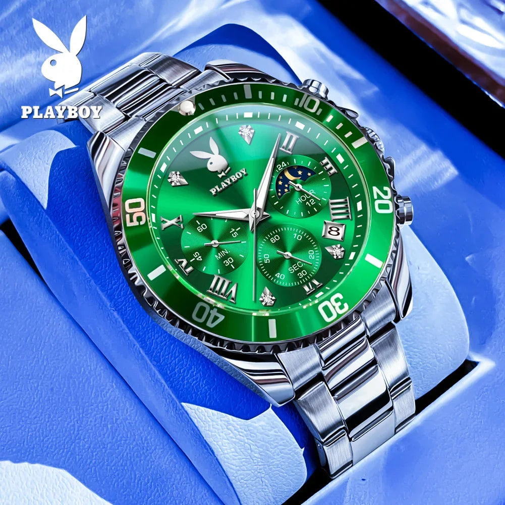 PLAYBOY Popular Original Stainless Steel Waterproof Quartz Multifunction Casual Fashion Trend Mens Watches