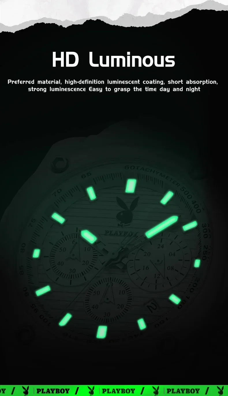 PLAYBOY Top Brand Original Luxury Waterproof Silicone Strap Calendar Luminous Fashion Quartz Men's Wrist Watches