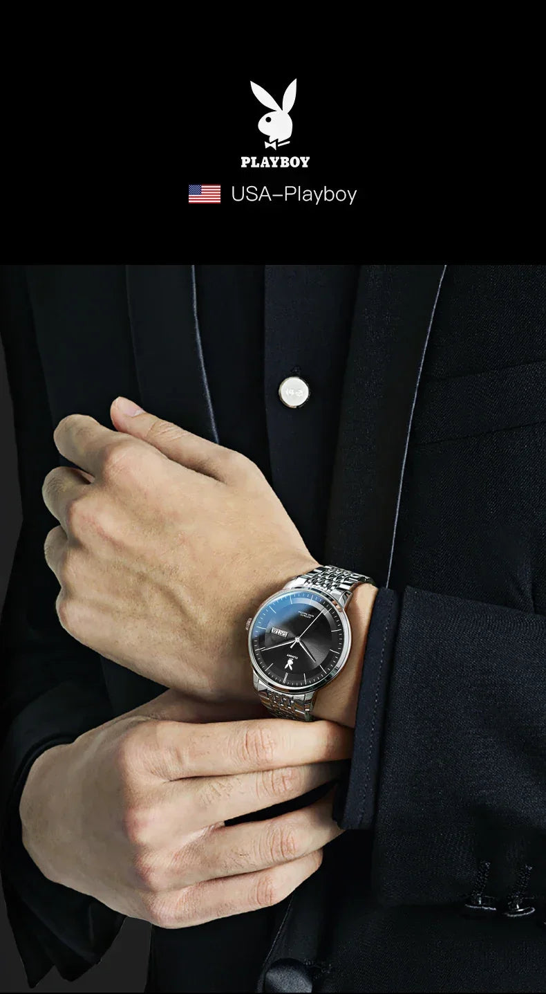 PLAYBOY Casual Simple Automatic Mechanical Men's Watches Original Waterproof Calendar High Quality Watch for Men