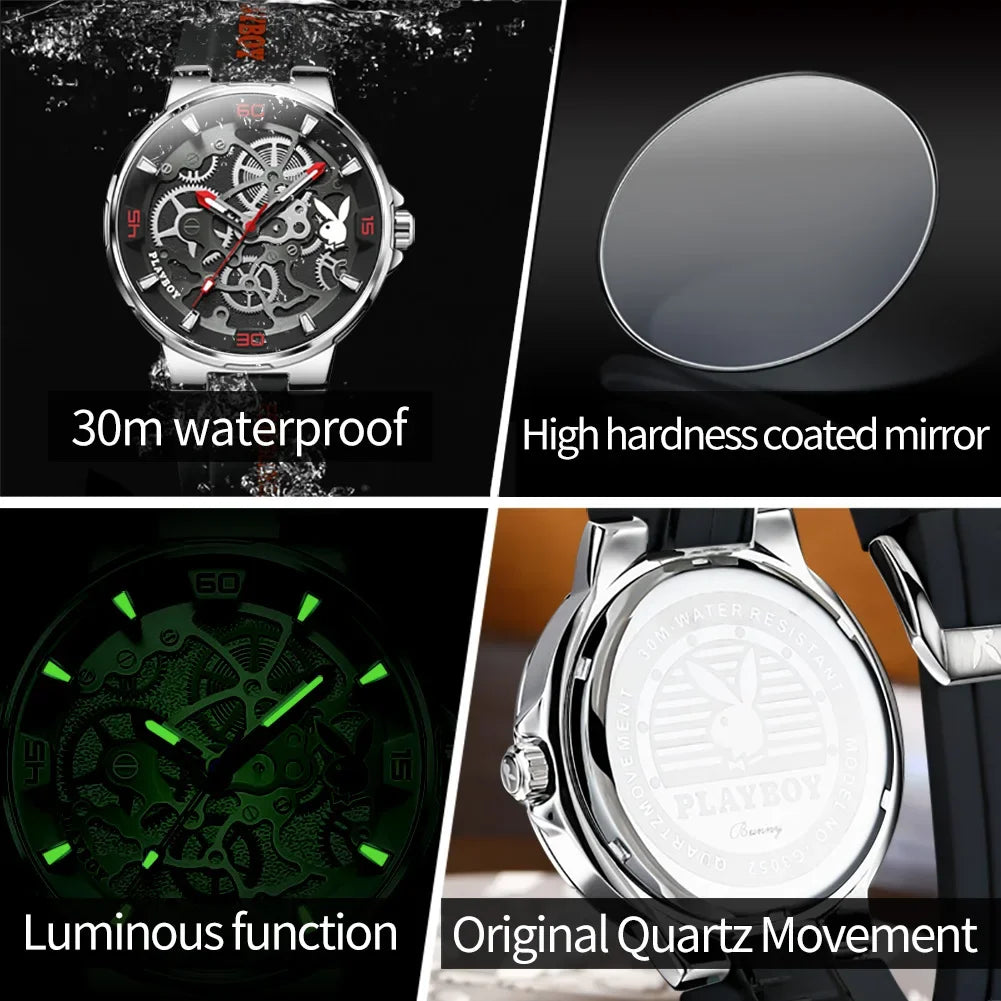 PLAYBOY Luxury Brand Casual Waterproof Quartz Silicone Strap Sports Elegant High-end Wrist Watch for Men