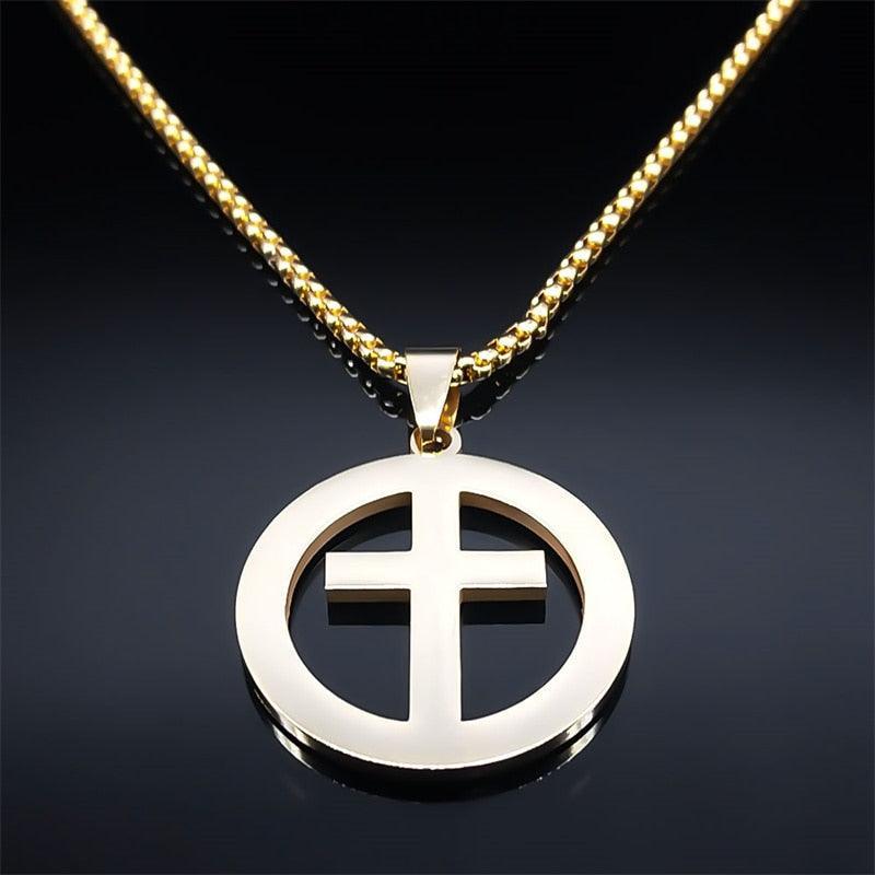 Cross AAA CZ Crystals Stainless Steel Round Pendant Necklace - Gold Colour Christian Chain Necklaces Jewellery - The Jewellery Supermarket