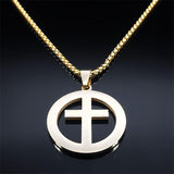 Cross AAA CZ Crystals Stainless Steel Round Pendant Necklace - Gold Colour Christian Chain Necklaces Jewellery - The Jewellery Supermarket