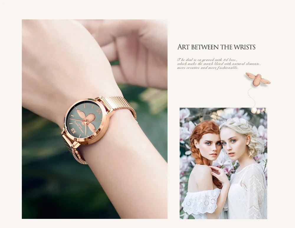 Elegant Luxury 3D Engraved Bee Dial Ladies Watch Rose Gold Plated 31mm Classic Casual Dress Watch with Bracelet Set