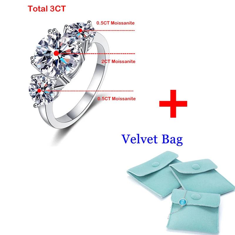Superb 3CT 3 Stones Moissanite Diamonds Rings for Women 18KGP Wedding Engagement Bridal Sterling Silver Jewellery