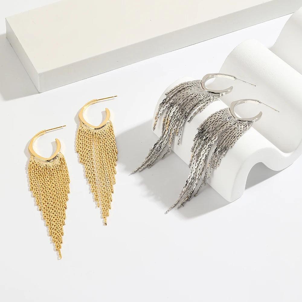 Fashion Statement Long Gold Plated Bling Tassel Earrings For Women and Girls - Stainless Steel Daily Fashion Jewellery - The Jewellery Supermarket