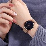 Elegant Luxury Ladie's Watch,  Fashionable Frosted Dial Rhinestone Rose Gold Tone Stainless Steel Mesh Strap Watches