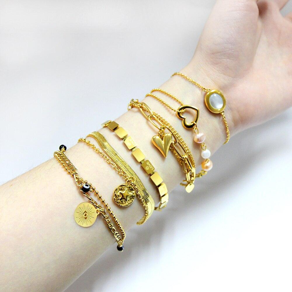 Fashion Star Heart Charm Layered Bracelets For Women -  Stainless Steel Paperclip Cuban Link Chain Jewellery - The Jewellery Supermarket