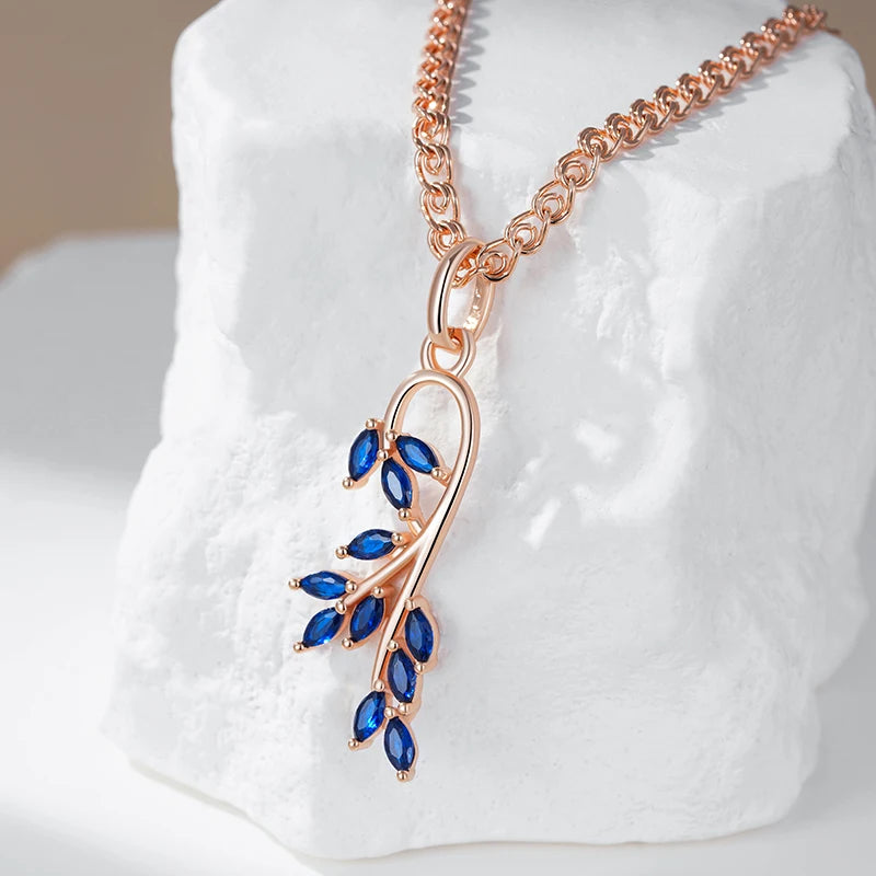 Luxury Rolled 14K Rose Gold AAA Zircon Crystals Luxury Blue Leaf Shape Pendant And Necklace For Women
