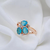 Fine Blue AAA Zircon Crystals Hollow Geometry Flower Filled 14K Rose Gold Ethnic Rings - Vintage Wedding Jewellery