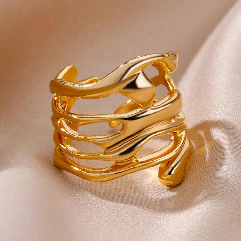 New Arrival Gold Colour Hollow Wide Stainless Steel Rings For Women - Trendy Party Jewellery Ideal Gift - The Jewellery Supermarket