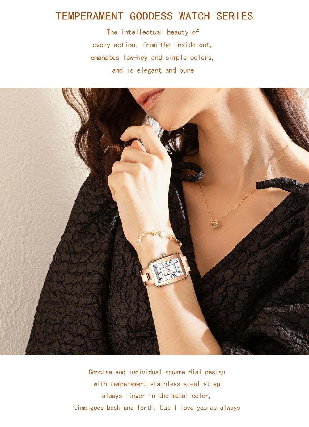 Super Quality Elegant Fashion Square Roman Dial Stainless Steel Ladie's 3Bar Quartz Wristwatch - Ideal Present