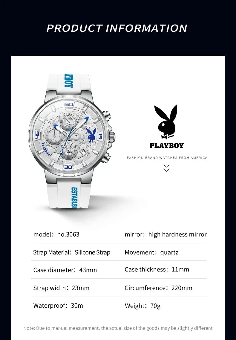 PLAYBOY Top Brand High Quality Luxury Men Watch Silicone Strap Waterproof Fashion Quartz Men's Watches