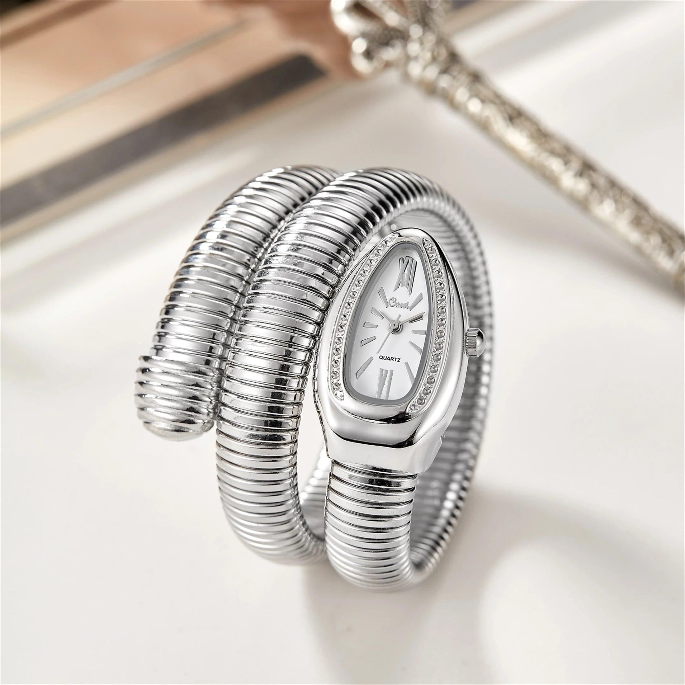 Fashion Avantgarde Luxury Gold Quartz Snake Watches for Women with Zircon Diamonds - Winding Bangle Ladies Watches