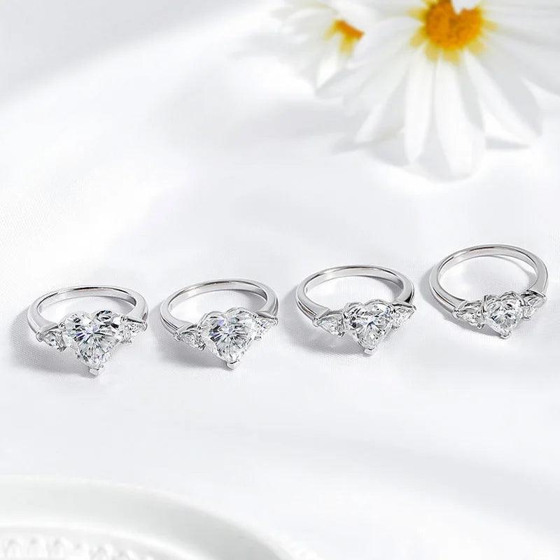 Heart Design 3 Stones 1CT 2CT 3CT 4CT Heart Cut Moissanite Diamond Rings - Engagement Wedding 925 Silver Jewellery