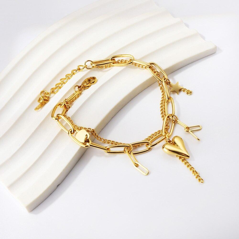 Fashion Star Heart Charm Layered Bracelets For Women -  Stainless Steel Paperclip Cuban Link Chain Jewellery - The Jewellery Supermarket