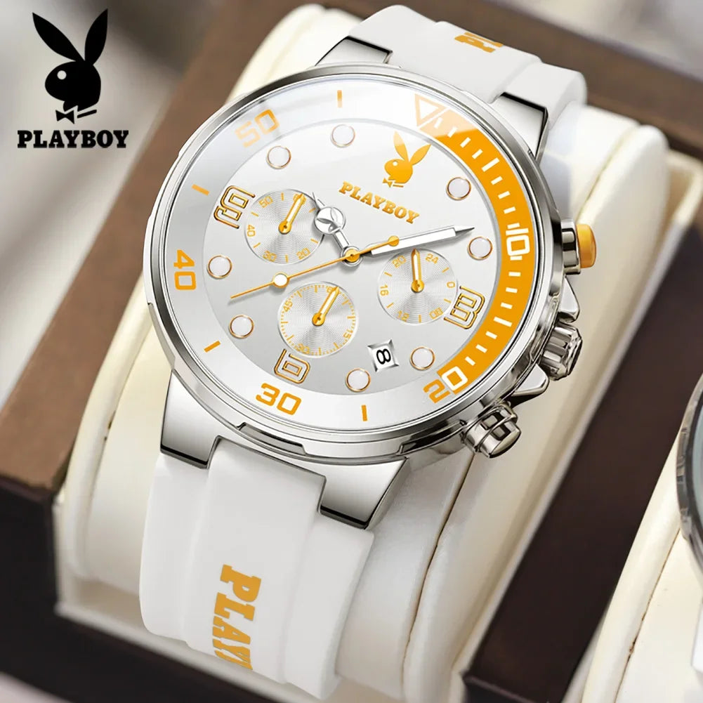 PLAYBOY Top Brand  New Original Fashion High Quality Silicone Strap Multifunction Quartz Watch for Men
