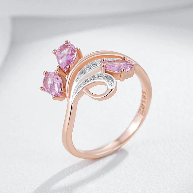 Hot Shiny Pink AAA Zircon Crystal Flower 14K Rolled Rose Gold and Silver Colour Mix Ring For Women - Daily Jewellery