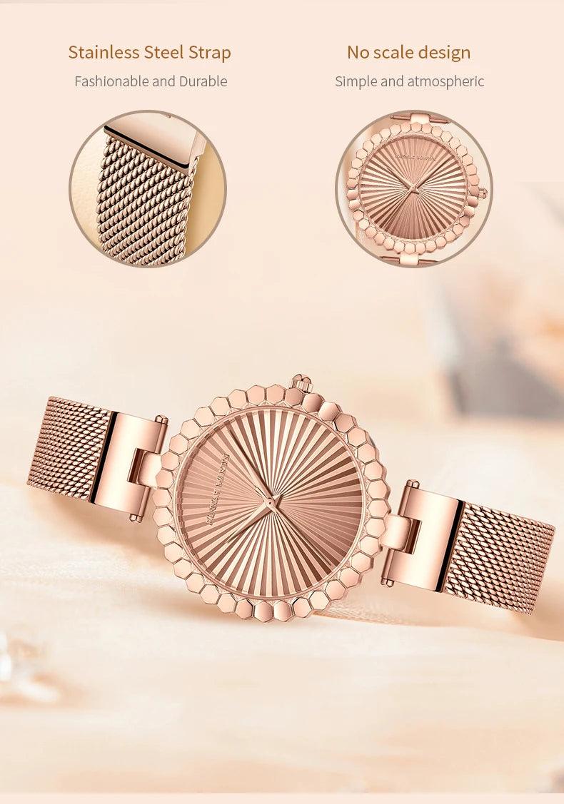 Luxury Brand Elegant Gold Tone Geometric Dial Women's Quartz Movement Watches Stainless Steel Mesh Belt Watches