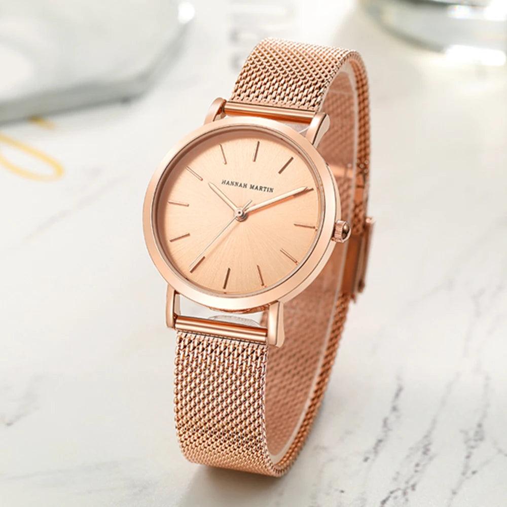 Elegant Simple Design Classic Women Rose Gold Colour Stainless Steel Mesh Casual Waterproof Ladies Quartz Watches