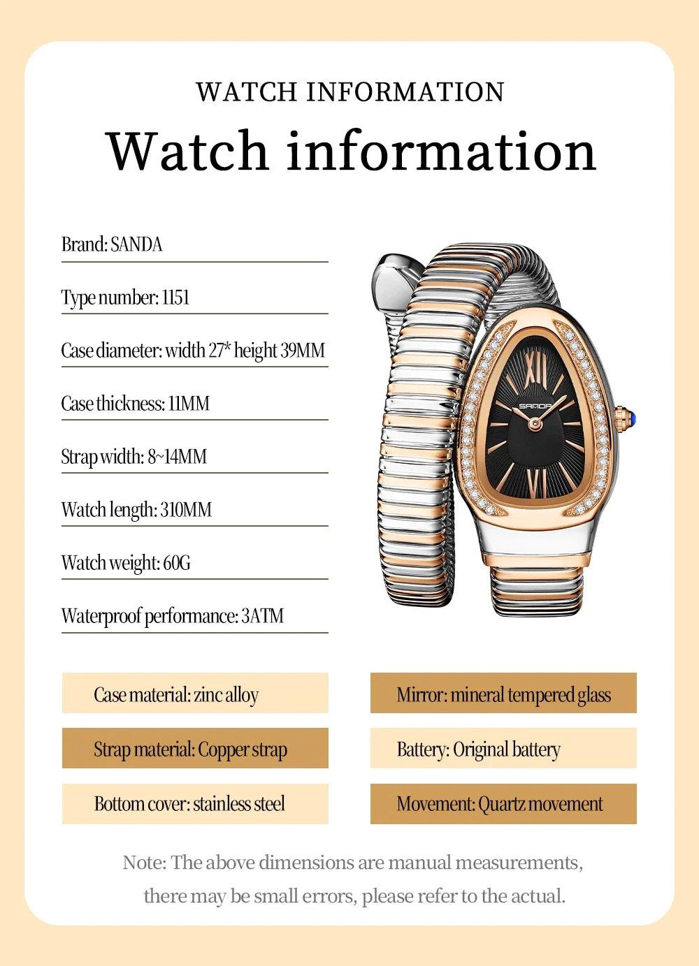 New Arrival High-End Snake Shaped Zircon Diamonds Inlaid Women's Retro Lightweight Luxury Quartz Watches