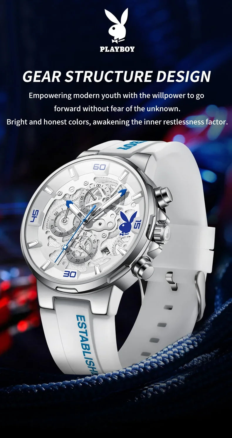 PLAYBOY Top Brand High Quality Luxury Men Watch Silicone Strap Waterproof Fashion Quartz Men's Watches