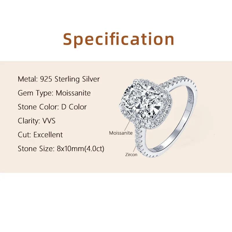 Excellent GRA Certified 4CT Cushion Cut Moissanite Diamond Ring for Women Sterling Silver Wedding Fine Jewellery