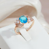 Shiny Blue Oval  Peach Heart Cutting Filled 14K Rose Gold AAA Zircon Crystals Rings For Women, Luxury Jewellery