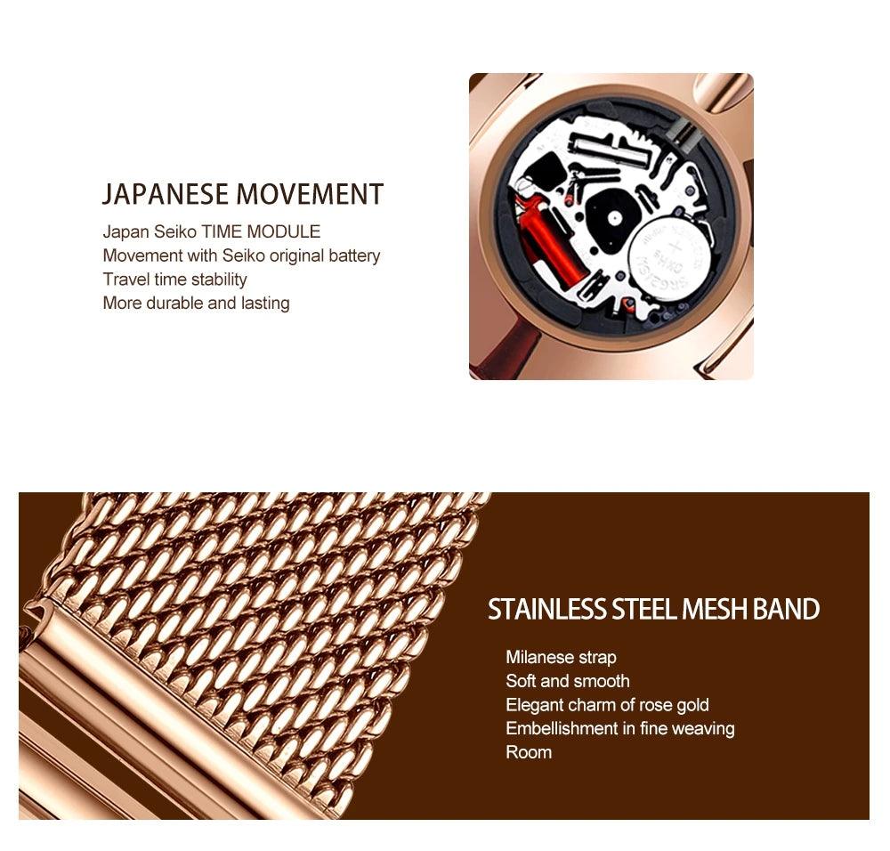 Top Brand Elegant Quartz Movement Stainless Steel Wristwatch 3ATM Waterproof Fashion Original Mesh Women Watches