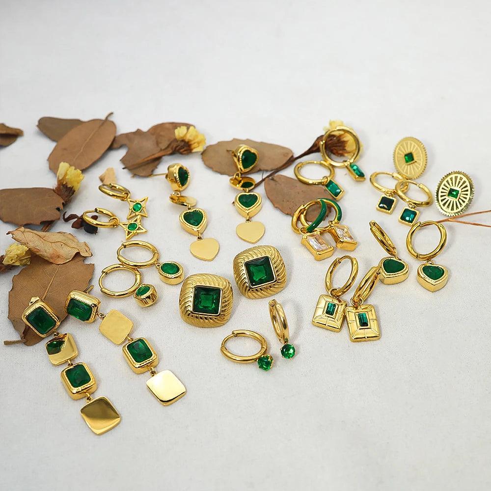 Trendy Green Zircon Crystals Stainless Steel Drop Luxury Charm Dangle Earrings for Women and Girls - The Jewellery Supermarket