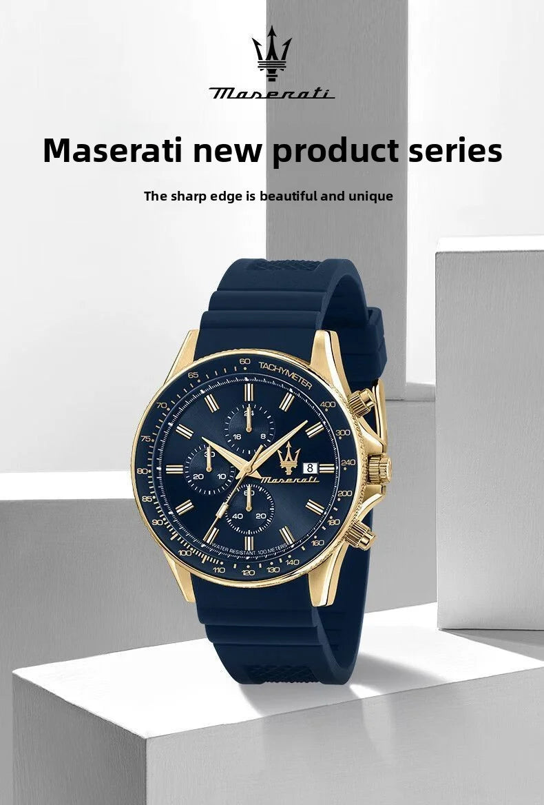 Amazing Gold Maserati Men's Watch Sports Leisure Luxury Europe and America Large Dial Black Silicone StrWatch.