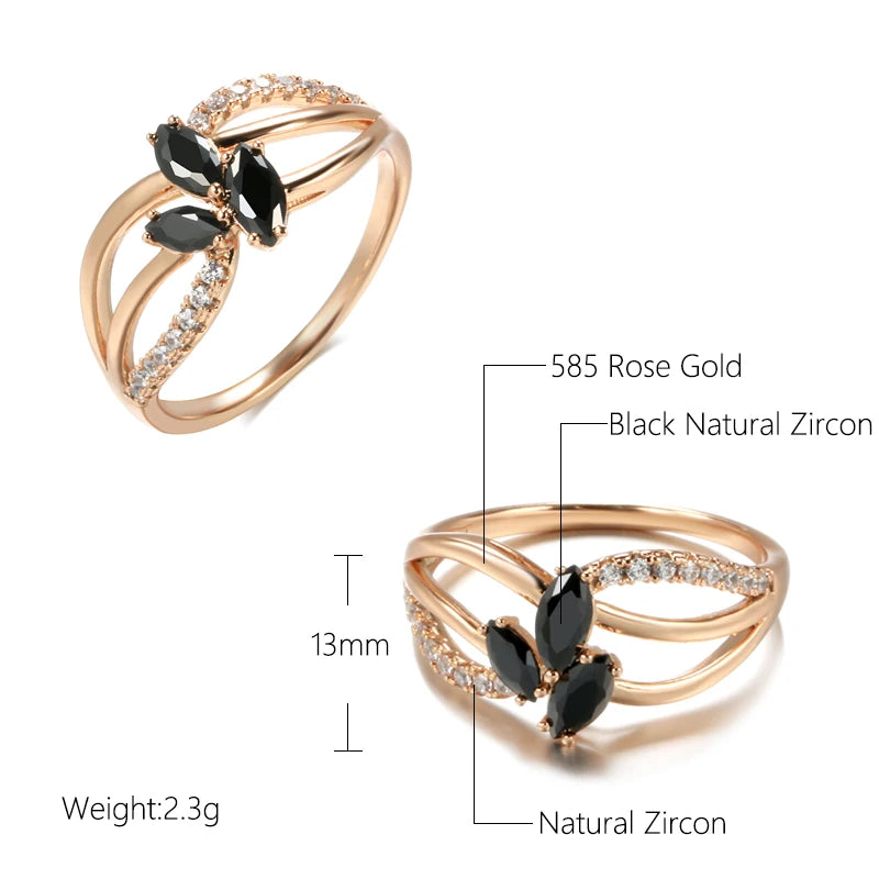 Trendy Flower Design Rolled Rose Gold of 14-Karat Purity Black AAA Zircon Crystals Ring - Fine Jewellery