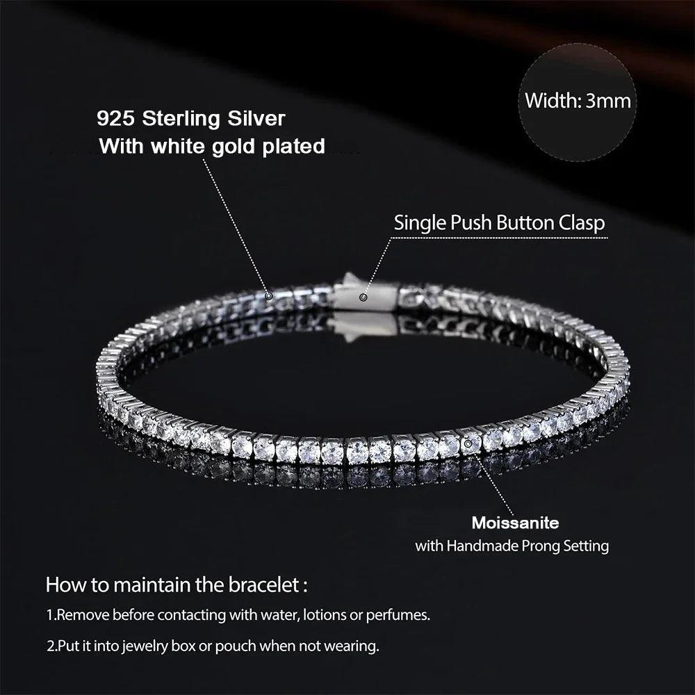 Real 3/4/5/6.5MM D Colour Round Brilliant Cut Moissanite Diamonds Tennis Bracelets - Silver Classic Bracelet Jewellery - The Jewellery Supermarket