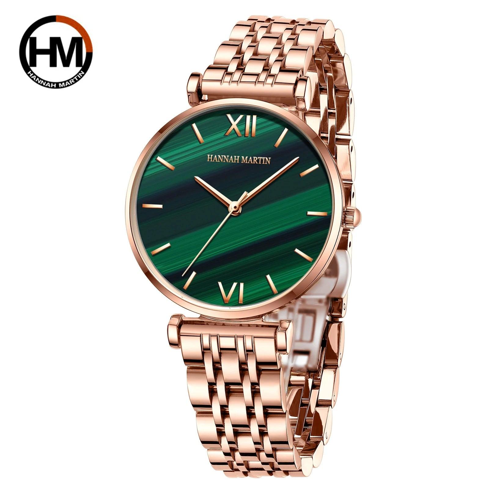 New Design Elegant Lady's Wristwatch Green Malachite Dial Quartz Stainless Steel Strap Waterproof Watches for Women