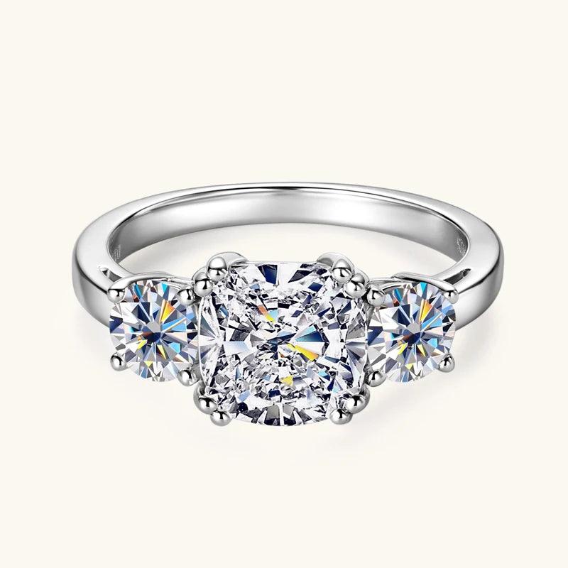 Dazzling 3 Stone 3.5CTTW Cushion & Round Cut Moissanite Diamonds 925 Silver Engagement Wedding Rings For Women