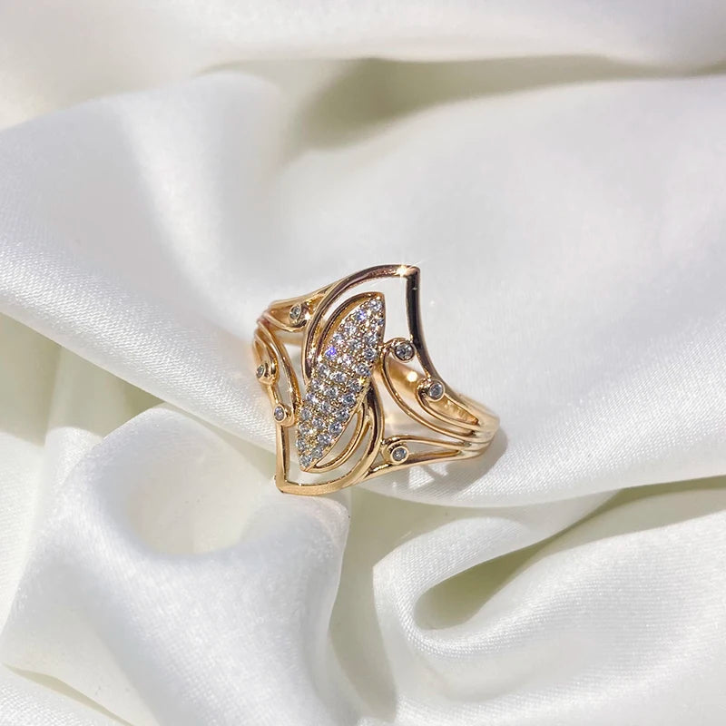 Unique Splendid 14K Rolled Rose Gold Curve Micro Wax Inlay AAA Zircon Diamonds Ring - Fine Fashion Jewellery