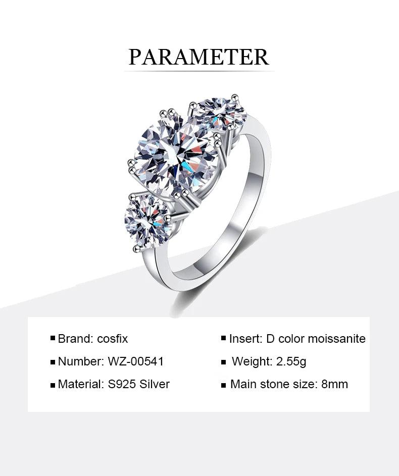 Superb 3CT 3 Stones Moissanite Diamonds Rings for Women 18KGP Wedding Engagement Bridal Sterling Silver Jewellery
