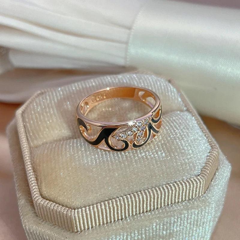Unusual Black Enamel 14K Rolled Rose Gold AAA Zircon Diamonds Creative Ethnic Ring for Women Wedding Jewellery