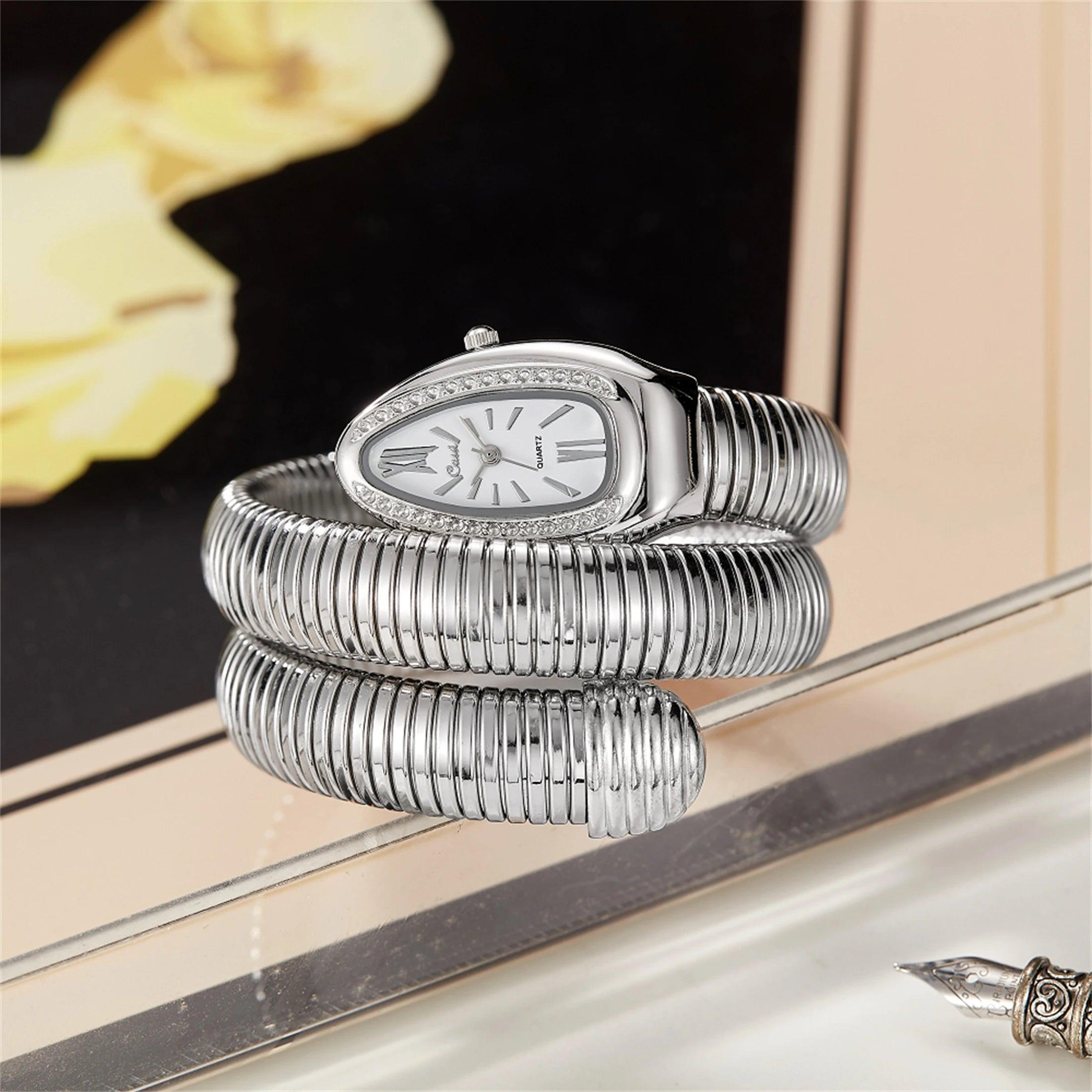 Fashion Avantgarde Luxury Gold Quartz Snake Watches for Women with Zircon Diamonds - Winding Bangle Ladies Watches