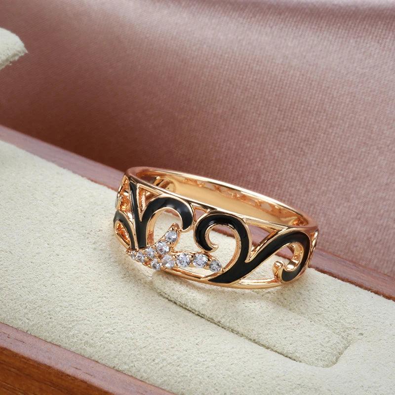 Unusual Black Enamel 14K Rolled Rose Gold AAA Zircon Diamonds Creative Ethnic Ring for Women Wedding Jewellery
