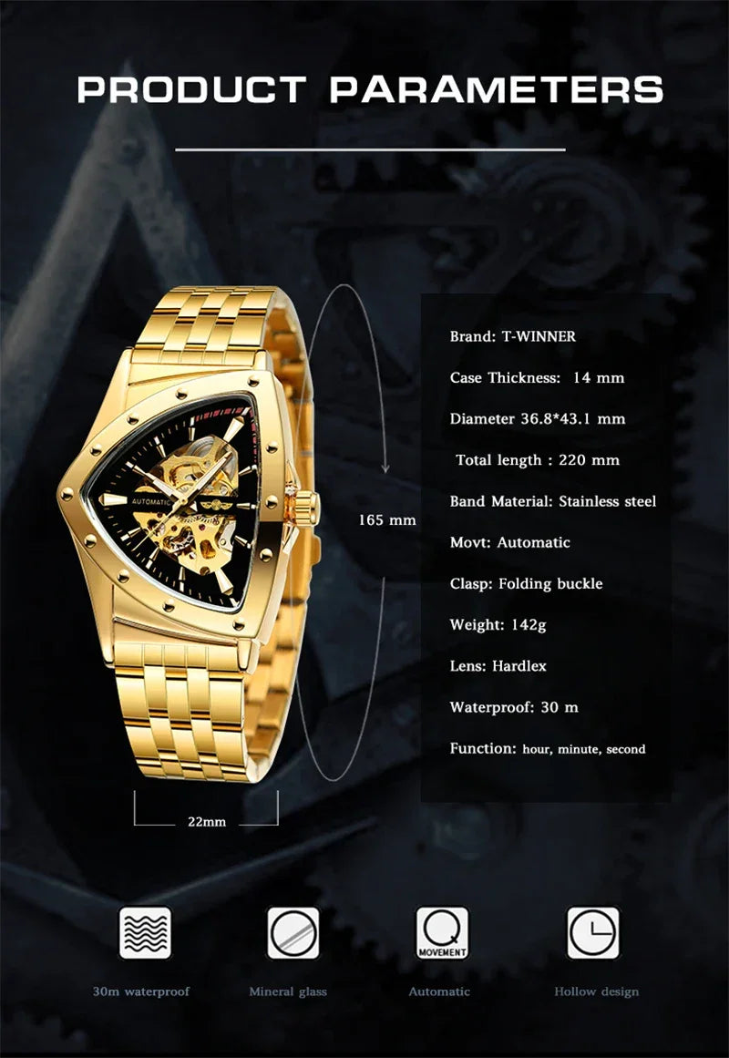 Golden Stainless Steel Waterproof Sport Transparent Triangle Skeleton Mechanical New Mens Wristwatches