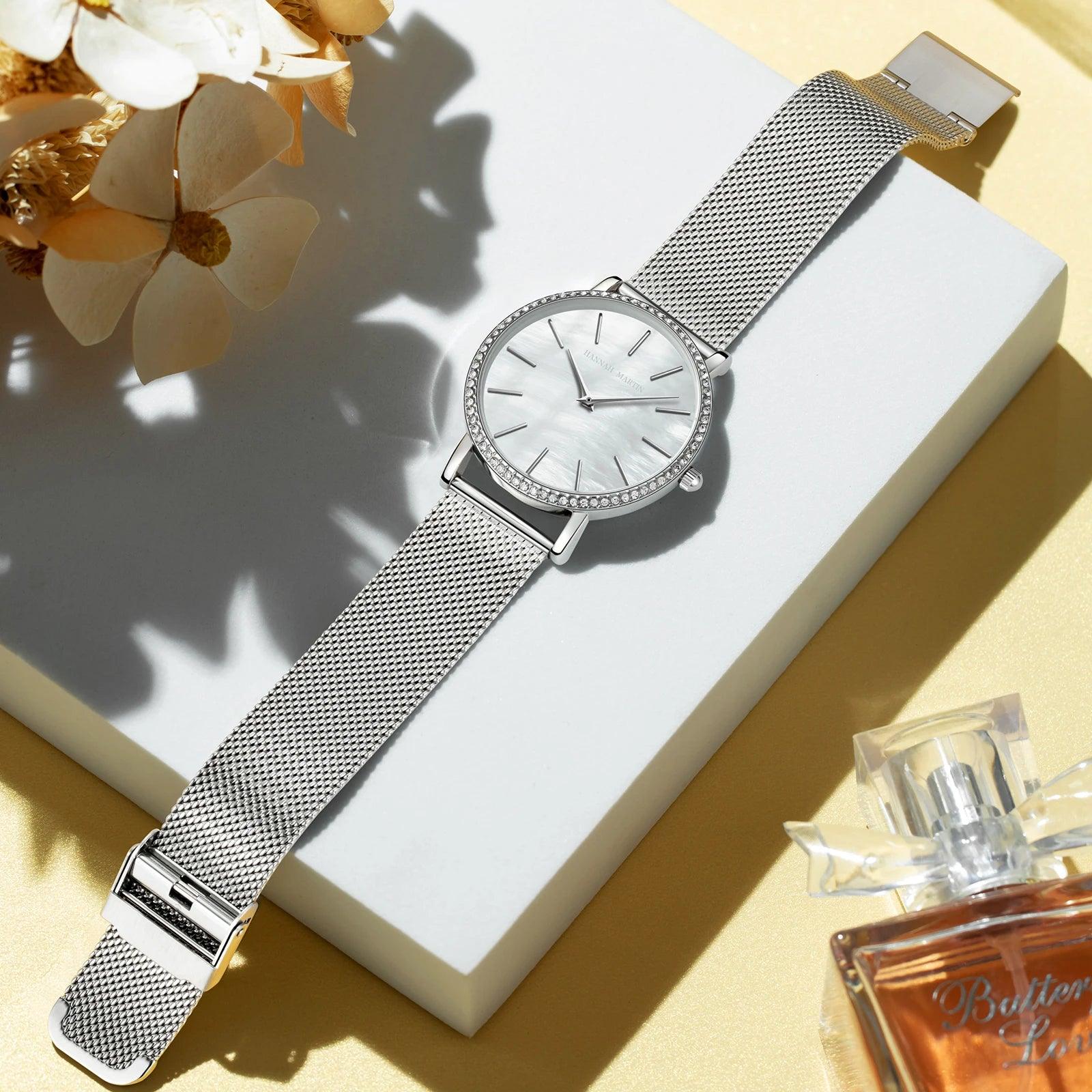 Elegant Luxury Women Watch Quartz Movement Shell Dial Rhinestone Stainless Steel Fashion Waterproof Wristwatches
