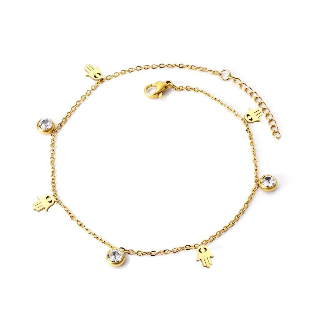 Dainty Gold Colour Stainless Steel Charm Bracelets - Crystal Evil Eyes Tree of Life Hamsa Hand Elephant Chain - The Jewellery Supermarket