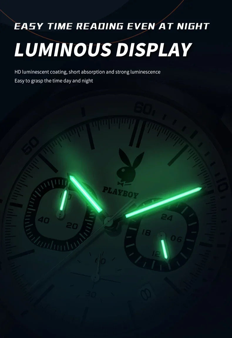 PLAYBOY Top Brand Fashion Watch for Men Leather Strap  High Quality Casual Waterproof Luxury Quartz Men's Watches