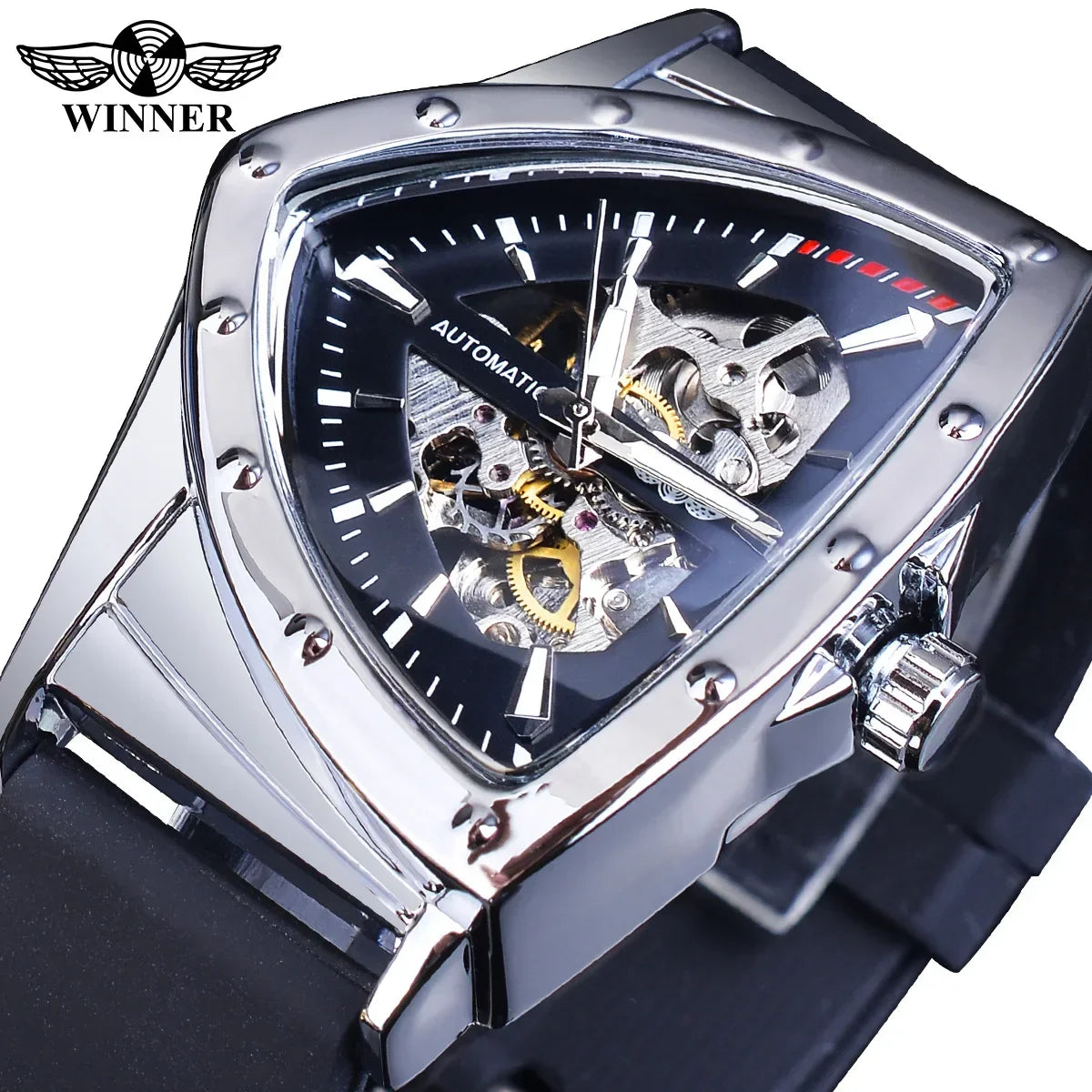 New Men's Waterproof Skeleton Watch Automatic Movement, Luminous Triangle Dial, Sport Silicone Strap Wristwatches