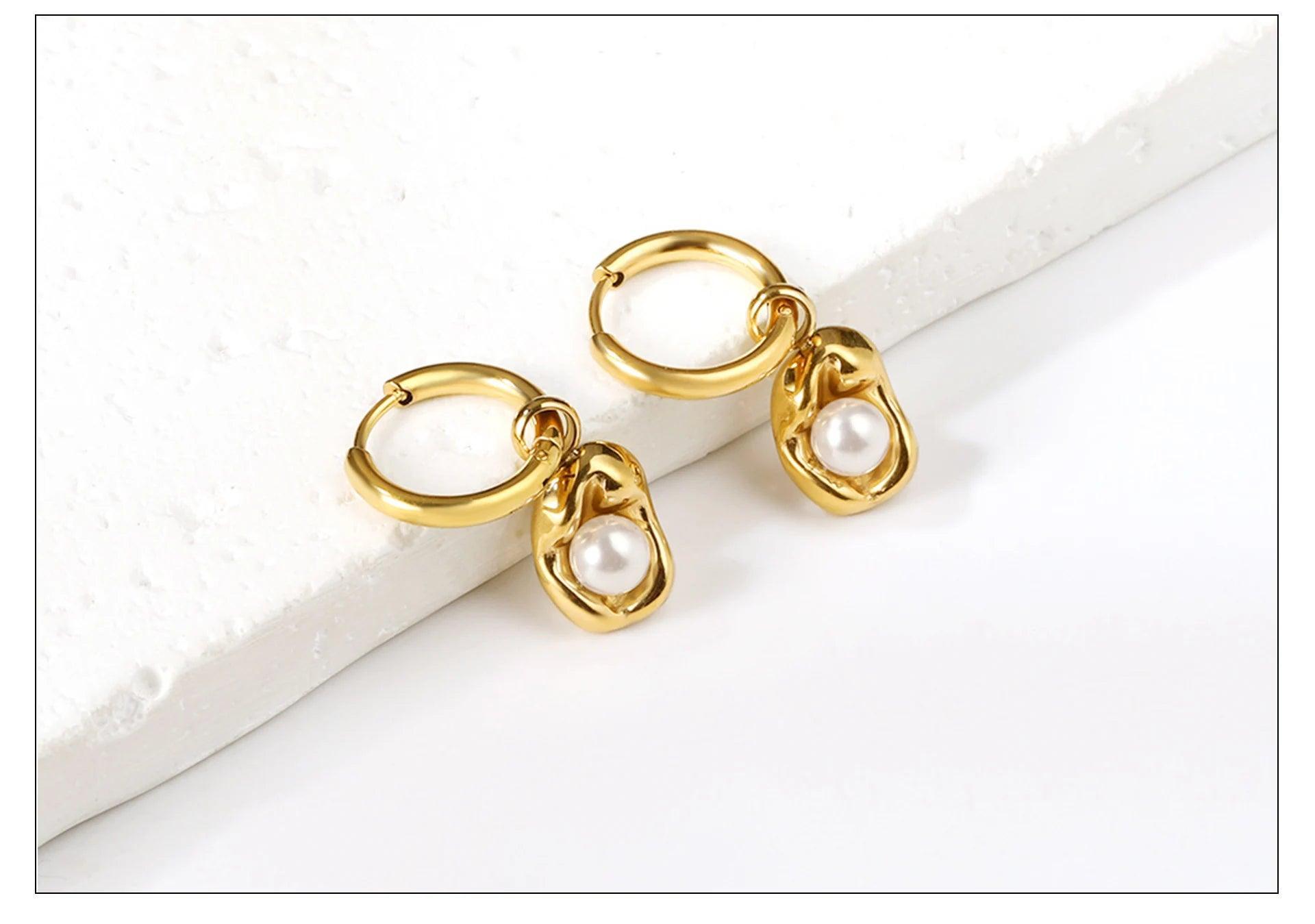 New Imitation Pearls Drop Hoop Earrings for Women Girls -  Stainless Steel Irregular Oval Shape Fashion Gifts - The Jewellery Supermarket