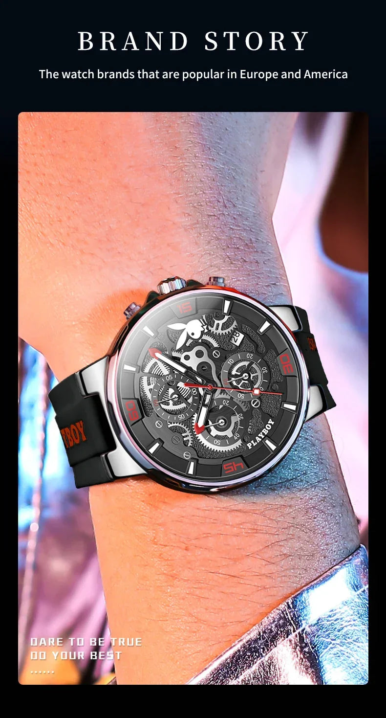 PLAYBOY Casual Quartz Luxury Sports Luminous Waterproof Fashion High-end Silicone Strap Men's Wristwatch