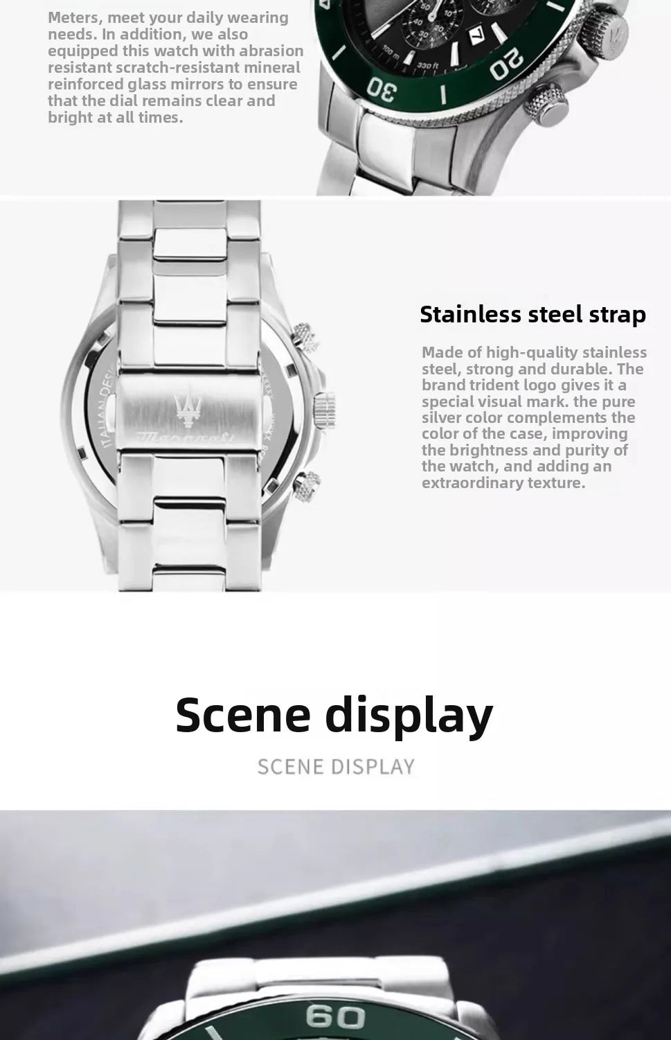 Maserati Original Green Water Ghost Trend Sports Watch Europe and America Style Authentic Quartz Wristwatch