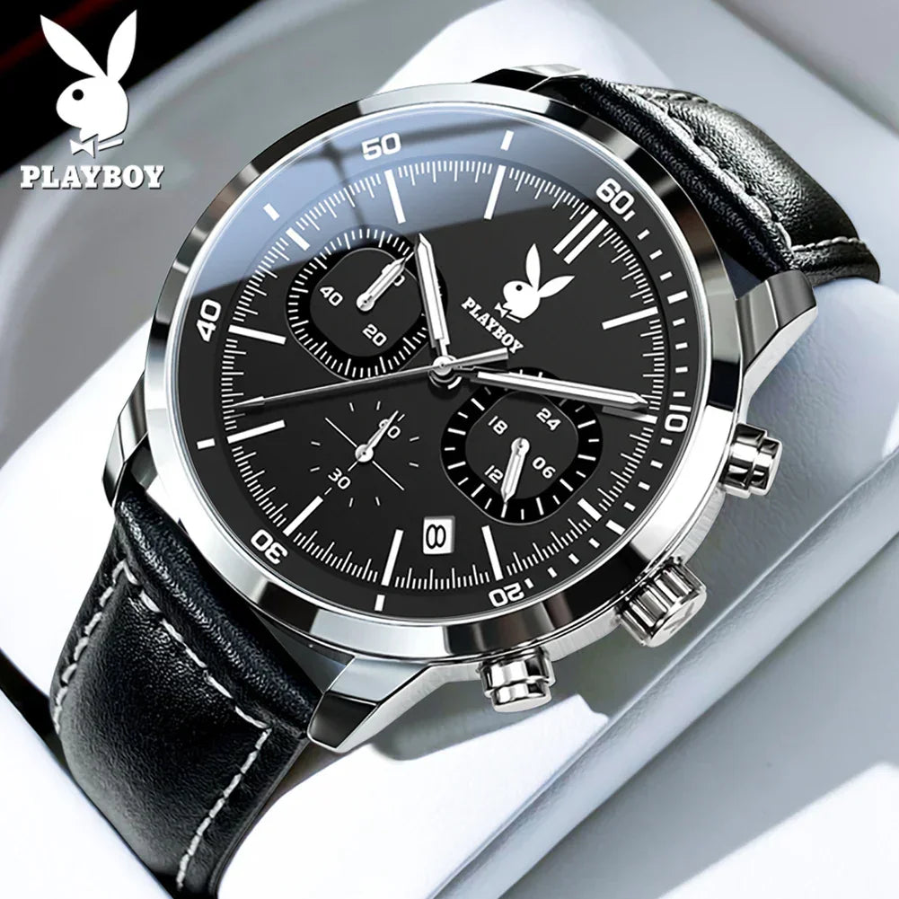 PLAYBOY Top Brand Fashion Watch for Men Leather Strap  High Quality Casual Waterproof Luxury Quartz Men's Watches