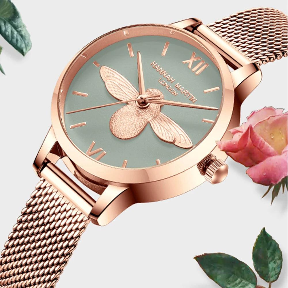 Elegant Luxury 3D Engraved Bee Dial Ladies Watch Rose Gold Plated 31mm Classic Casual Dress Watch with Bracelet Set
