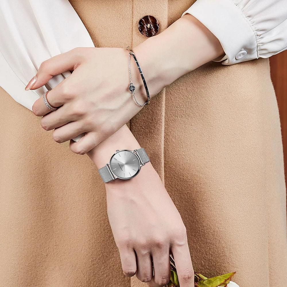 Elegant Simple Design Classic Women Rose Gold Colour Stainless Steel Mesh Casual Waterproof Ladies Quartz Watches